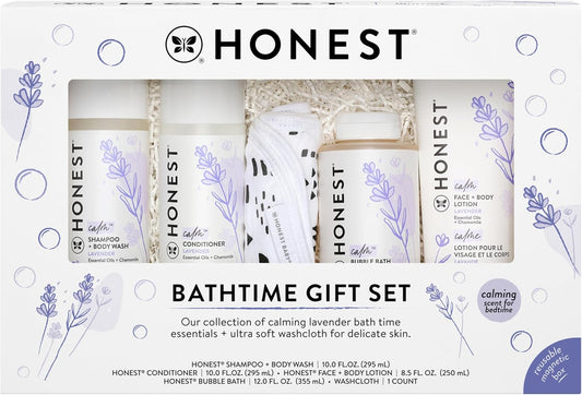 The Honest Company Calming Lavender Bathtime Gift Set Hypoallergenic Bath Essentials for Sensitive Baby Skin Shampoo and Body Wash Face and Body Lotion Bubble Bath Conditioner Wash Cloth