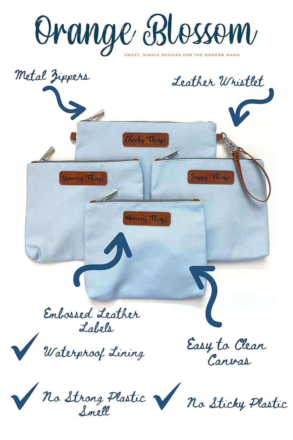 Stylish Diaper Bag Organizing Pouches - XL Set of 4 Light Blue Canvas Diaper Bag Pouches with Leather Embossed Labels, Leather Wristlet Strap & Durable Metal Zippers