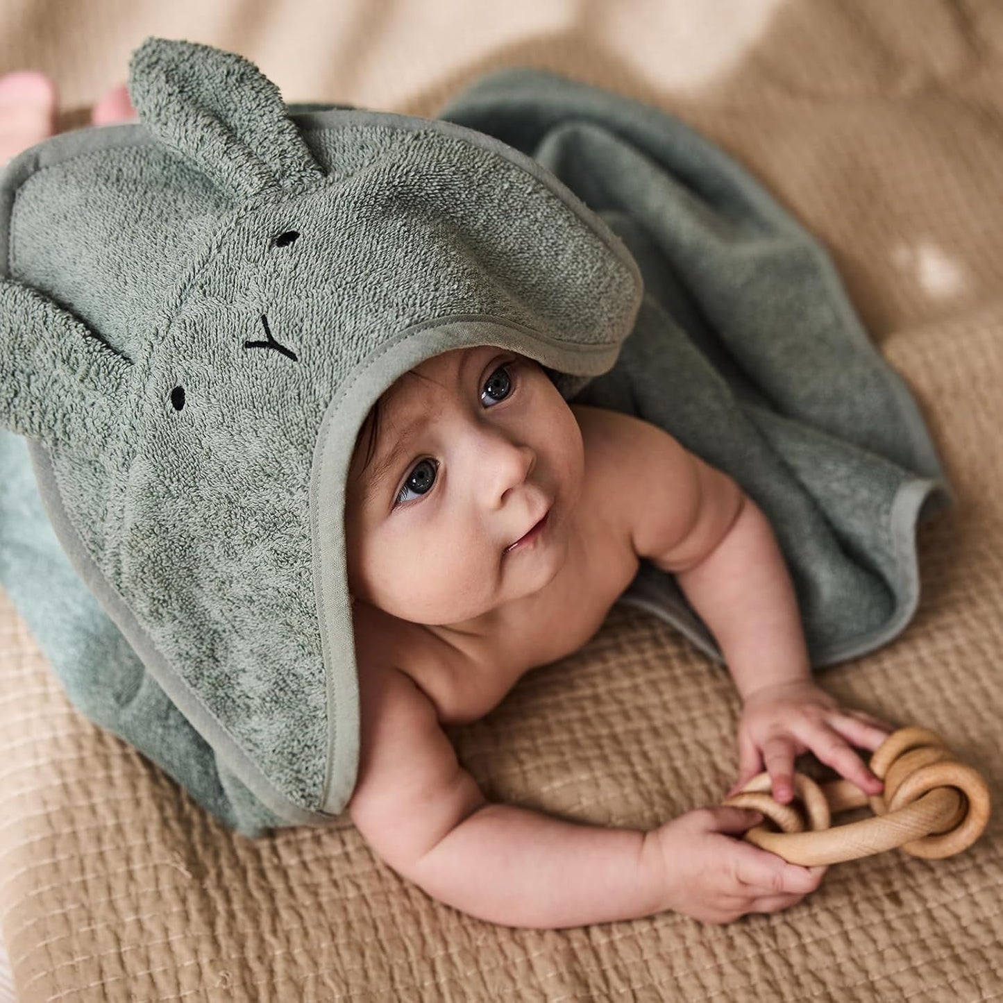 Baby Hooded Towel – Organic Cotton Baby Bath Towels, 32" x 32" Super-Soft and Absorbent Baby Towels for Newborn 2-Pack (TW Bear Fog/R. Roman Green)