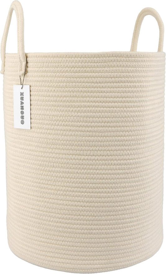 Cotton Rope Laundry Basket Hamper for Clothes Woven Storage Basket for Living Room Bedroom Boho Tall Rope Baskets for Blanket Toys Pillow Towels Baby Nursery Hamper Bin beige