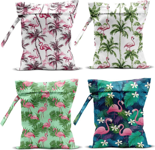 4 Pack Wet Bag for Swimsuit, Beach Travel Essentials Wet Dry Bag, for Sunscreen Toiletry Dirty Clothes Yoga Gym Diaper, Friend Summer Beach Vacation Gifts. Flamingo Series