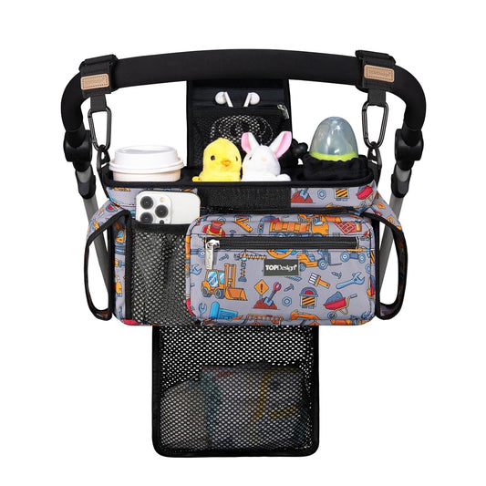 TOPDesign Universal Baby Stroller Organizer, Stroller Caddy with Detachable Mesh Bag & Heightened Insulated Cup Holders & Non-Slip Secure Hooks Accessories, Fits Most Strollers (Construction Trucks)