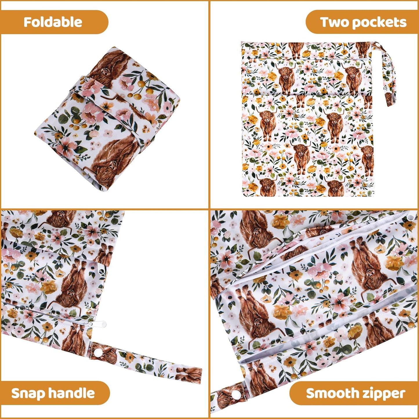 2pcs Cloth Diaper Wet Dry Bags Waterproof Reusable with Two Zippered Pockets Travel Beach Pool Stroller Daycare Soiled Baby Items Yoga Gym Bag for Swimsuits or Wet Clothes - Highland Cow