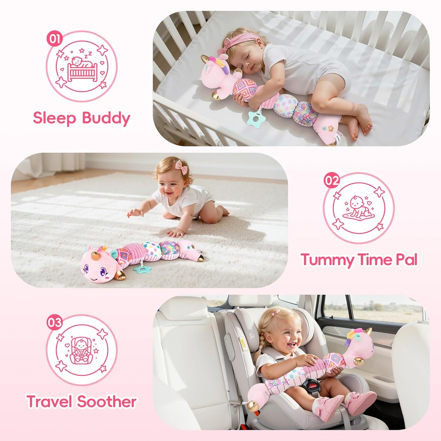 Unicorn Baby Toys 6-12 Months Infant Musical Stuffed Toys for Newborn Tummy Time Sensory toys for babies with Crinkle and Rattle 0-3-6-12 Months Old Baby Girl Must Have Christmas Birthday Gifts - Pink