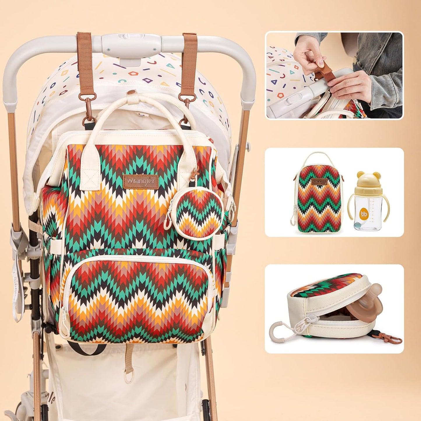 Montana West Wrangler Callie Diaper Bag Backpack with Pacifier Case, Crossbody Bottle Bag and Stroller Straps Western Pattern Multifunction Baby Travel Bag Set WG2216-9110TN
