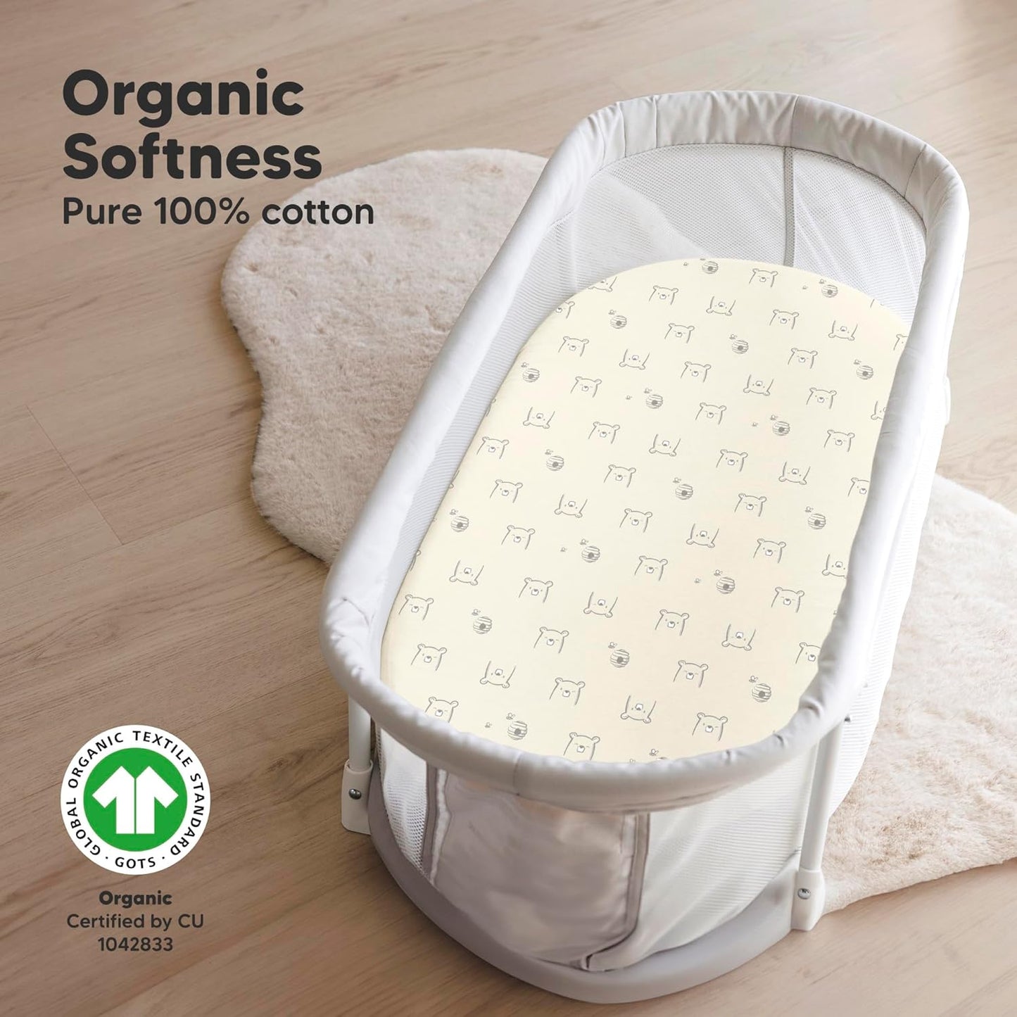 2-Pack Organic Bassinet Sheets for Girls, Boys - 100% Cotton Bassinet Mattress Sheets Compatible with Halo Bassinest Swivel Sleeper, Graco, Baby Delight, Chicco, Fitted Bassinet Sheets (Bumble Bear)