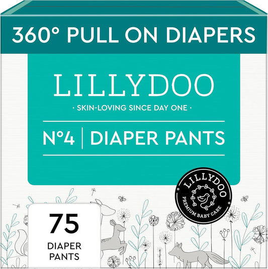 LILLYDOO Diaper Pants Toddlers - Size 4 (20-31 lbs), Half-Monthly Supply (75 Count), Skin-Friendly, Ultrasoft, Chlorine-Free, Snug Fit & Absorbent Pull On Diapers