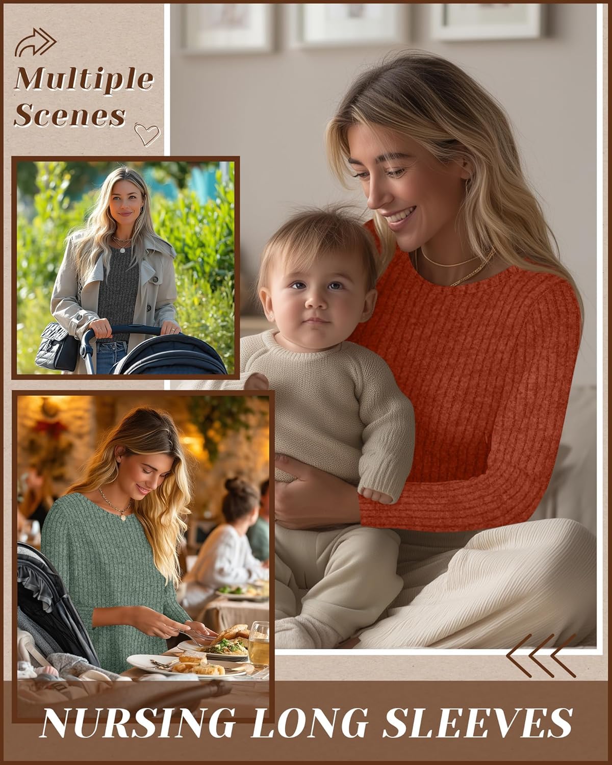 3 Pack Women's Nursing Long Sleeve Tops Breastfeeding Thermal Sweaters with Hidden Zipper Maternity Ribbed Shirts