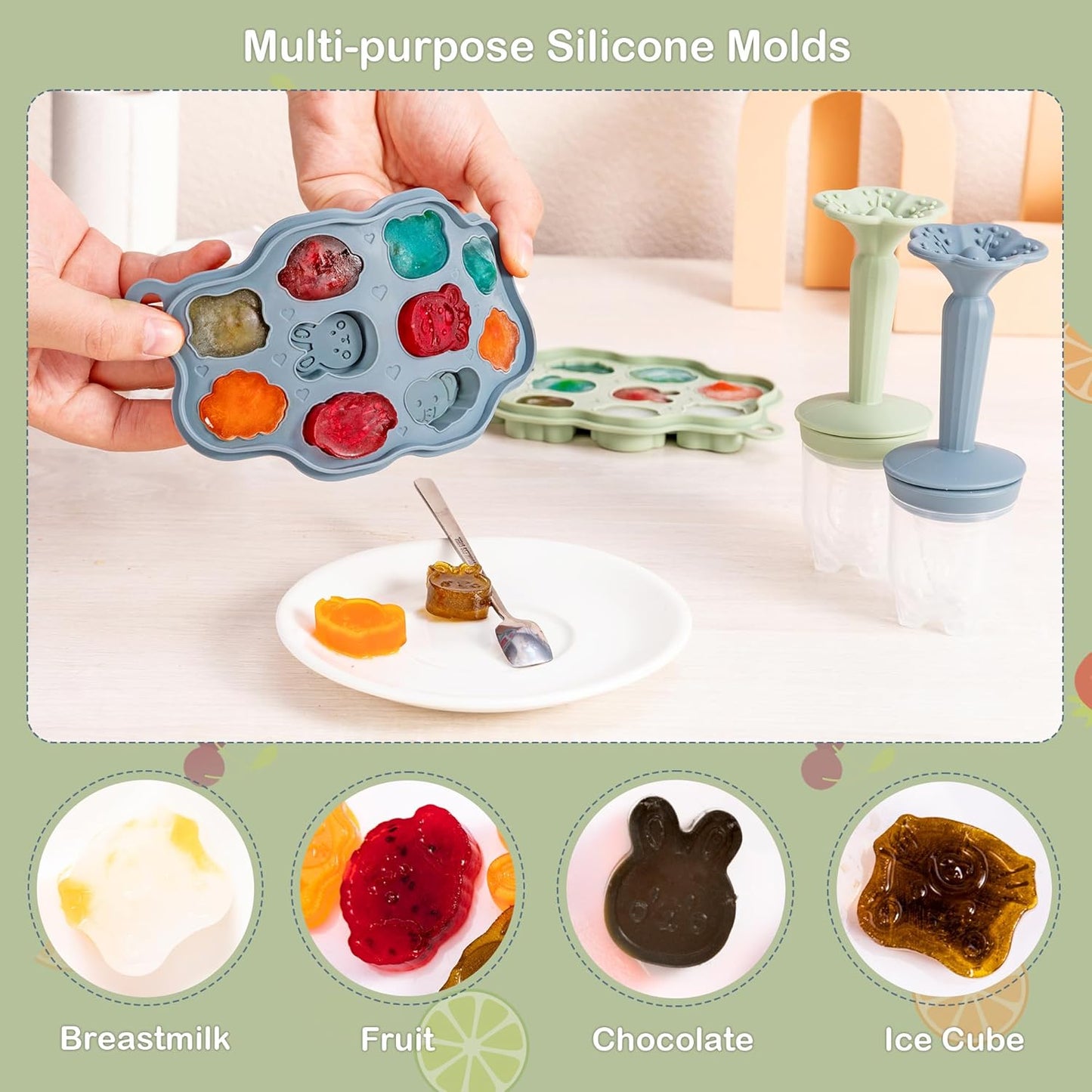 KingKam Baby Breastmilk Popsicle Molds & Baby Fruit Feeder (2 Pack), BPA Free Baby Food Teether Tray with Lids, Silicone Baby Food Teether Feeder, Teething Popsicle for Baby 4m+