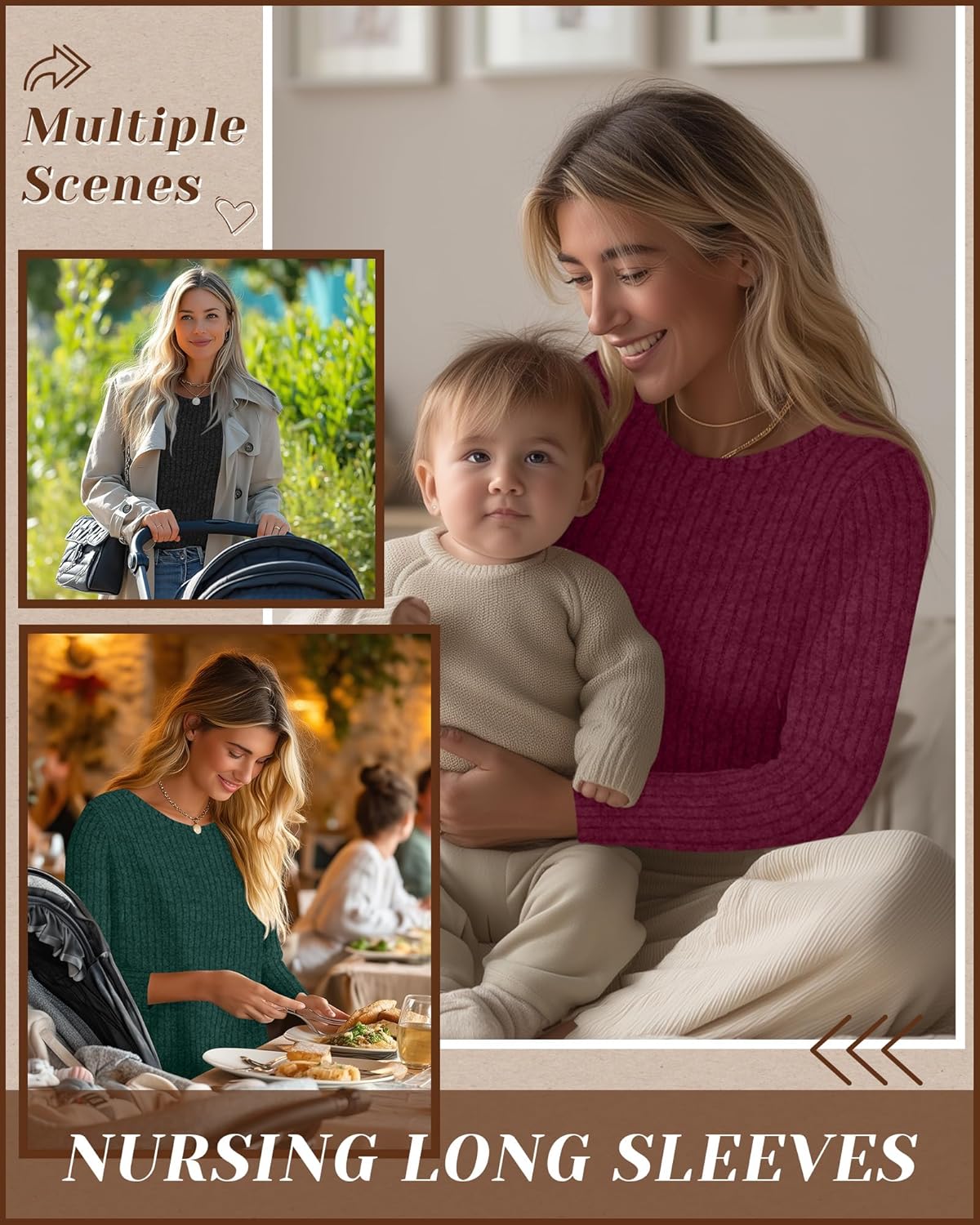 3 Pack Women's Nursing Long Sleeve Tops Breastfeeding Thermal Sweaters with Hidden Zipper Maternity Ribbed Shirts