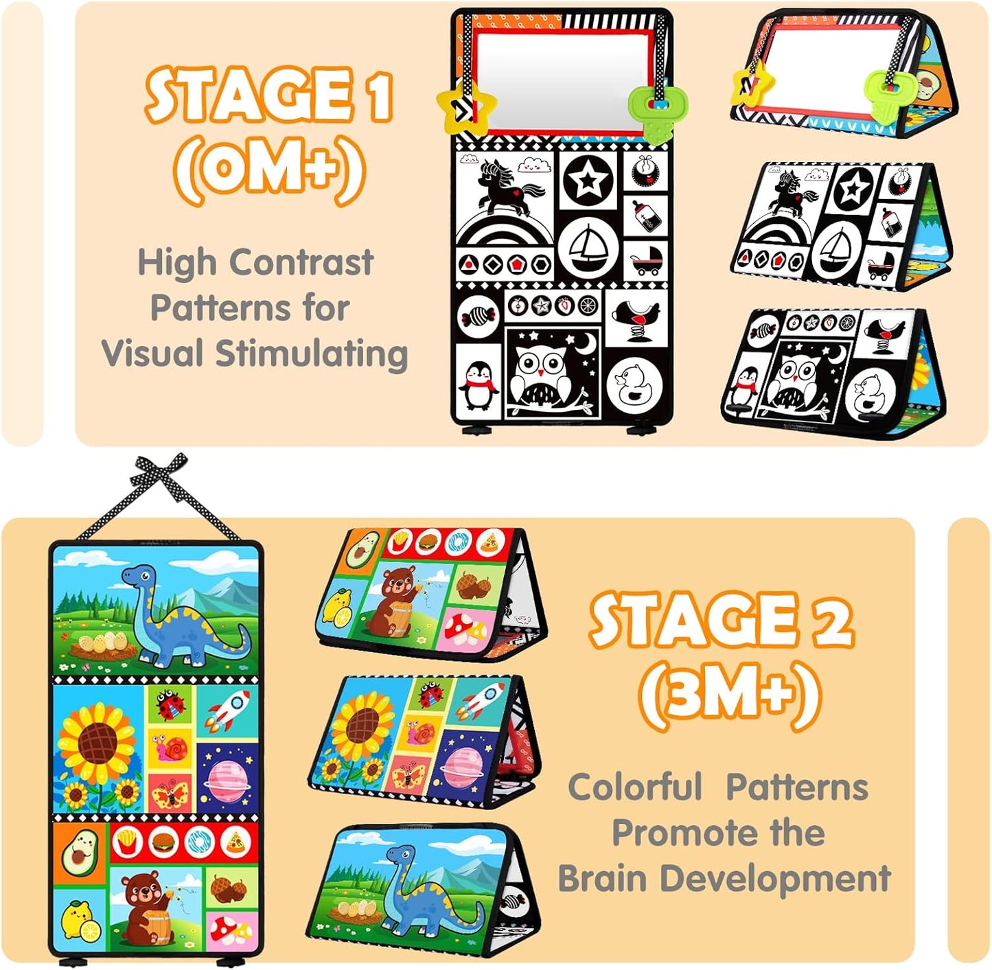 Baby Toys 0-6 Months - Tummy Time Toy Black and White High Contrast Newborn Toys - Baby Mirror with Cloth Book Teether - Montessori Sensory Crinkle Toy for Infant 0-3-6-12 Month Boy Girl Shower Gifts