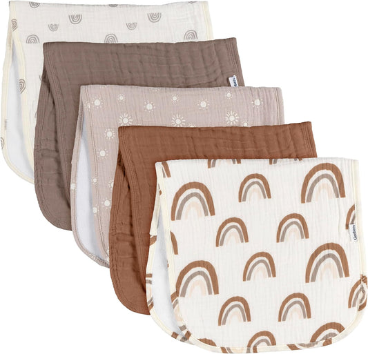 Gerber Baby Unisex Muslin Burp Cloths 5-Pack, Multi Rainbow, Large Size 20" x 10"