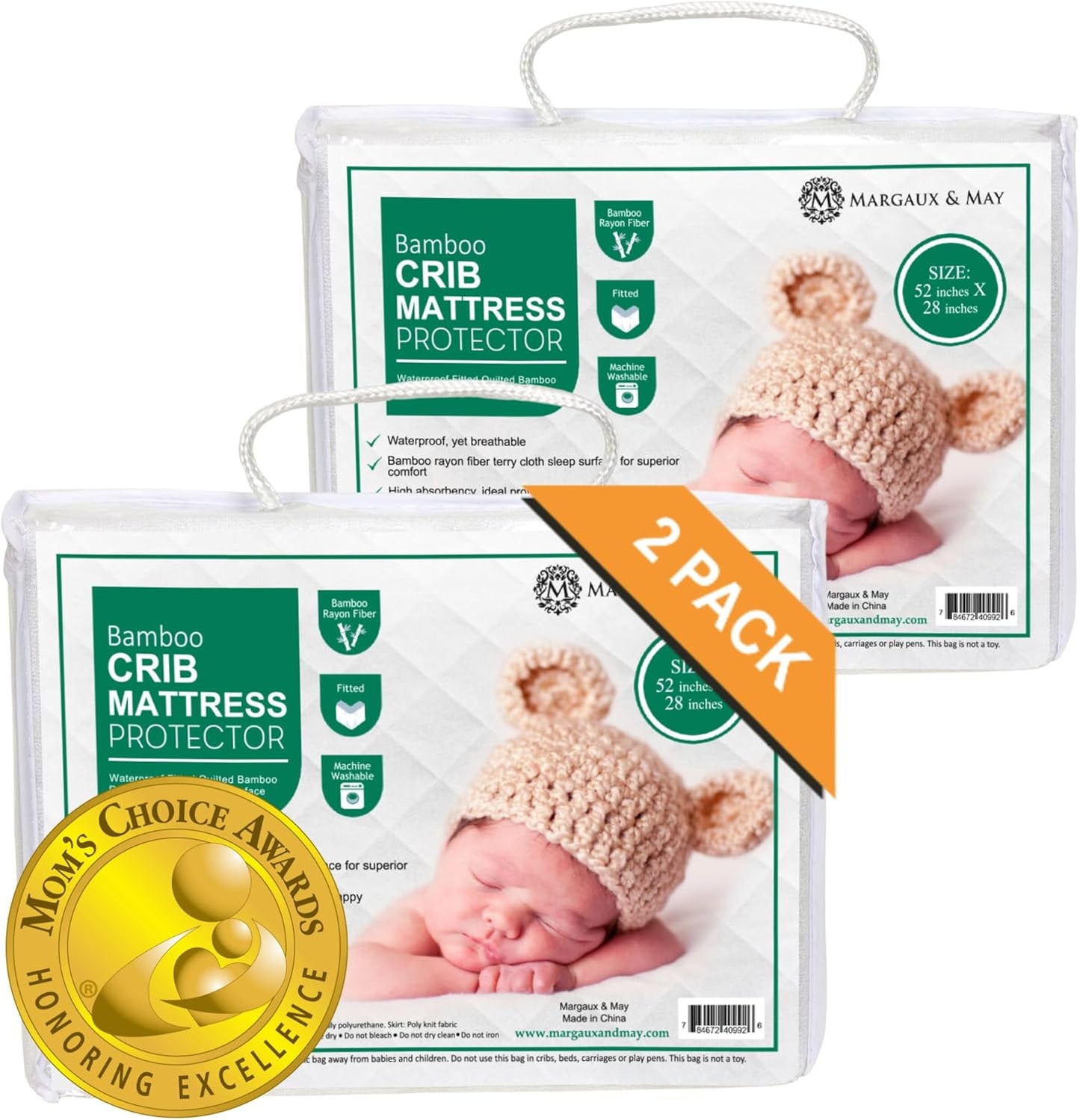 Margaux & May Crib Mattress Protector Pad 2 Pack - Ultra-Soft Waterproof Breathable Premium Bamboo Rayon - Noiseless Fitted Dryer Safe Cover for Crib. High Absorbency Oeko-TEX Certified