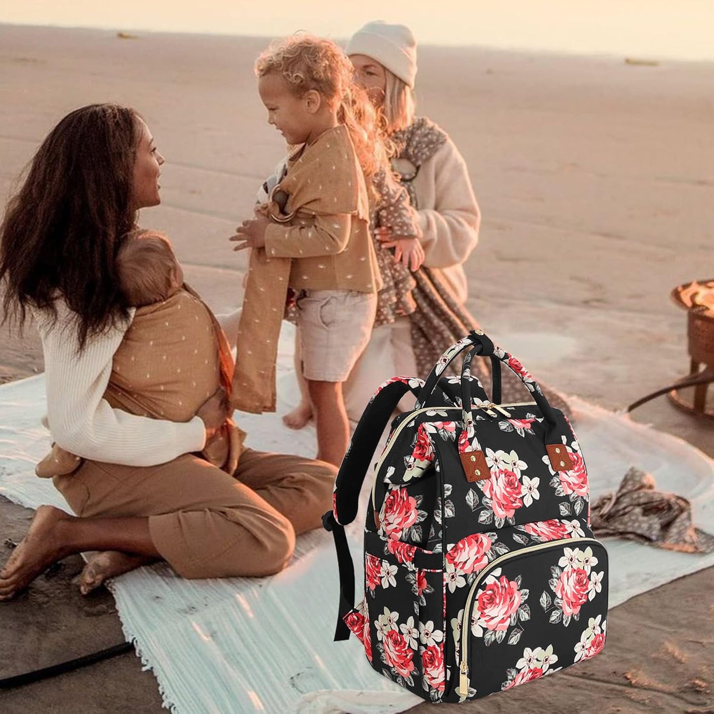 Diaper Bag Backpack Multi-Function Baby Bag With Large Capacity and Insulated Pockets Diaper Backpack Organizer Bag for Mom/Dad, Flower