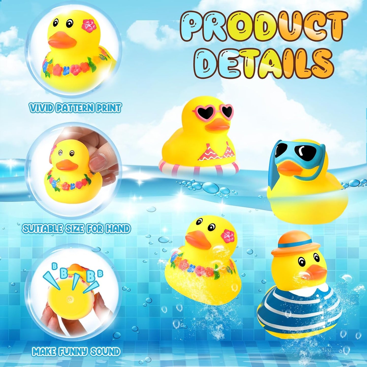 Honoson 24 Pcs Summer Beach Rubber Duckies Bulk Mini Rubber Duck Bath Toys Float Bathtub Ducky Cute Squeaky Ducky for Classroom Carnival Summer Birthday Baby Shower Party Favor