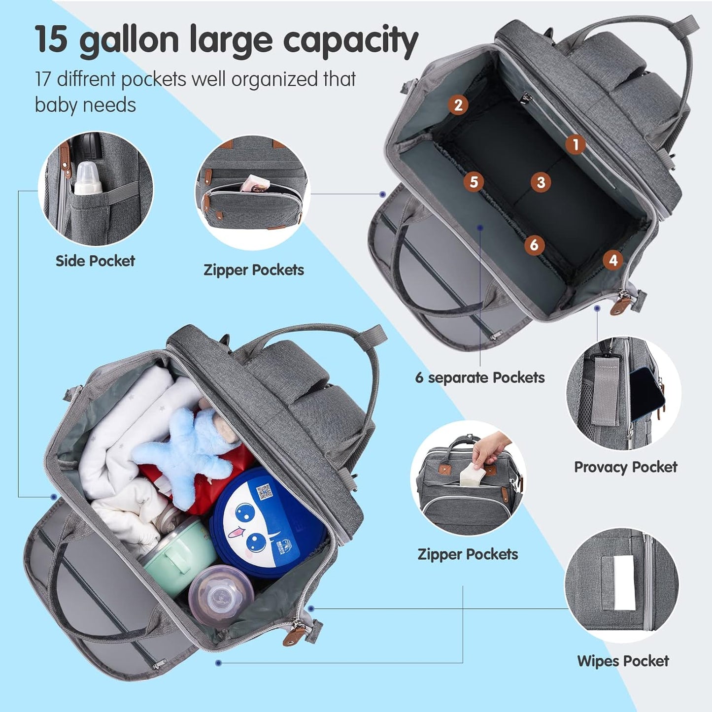 DERJUNSTAR Baby Diaper Bag Backpack with ChangingStation-Large Capacity Baby Bag for Boys & Girls, USBCharging Port, Pacifier Case, sunshade & Toy Bar,Waterproof， Pale Grey