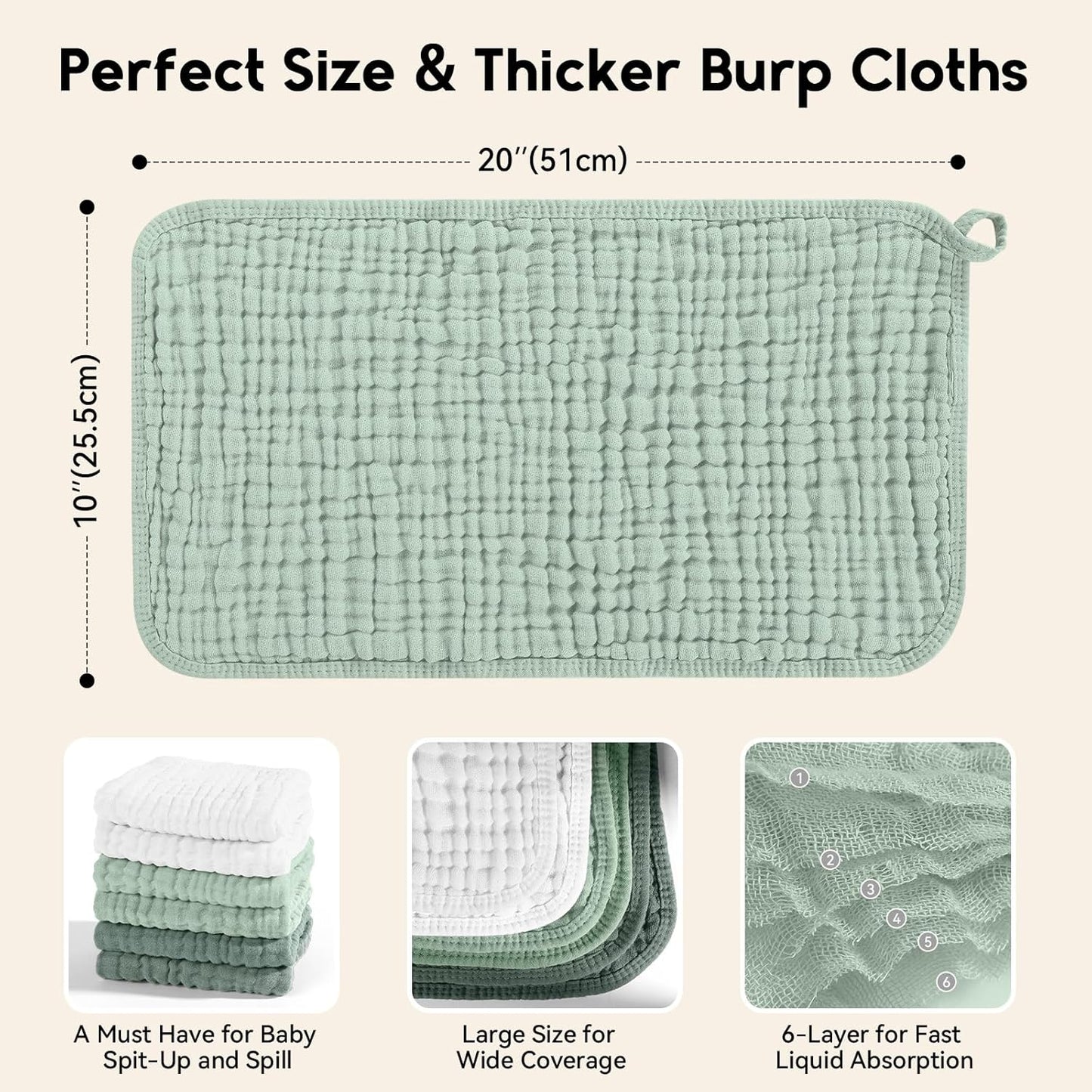 Muslin Burp Cloths for Baby 100% Cotton Burping Cloths for Boys Girls Large 20''X10'' Extra Soft and Absorbent 12 Pack - White and Green