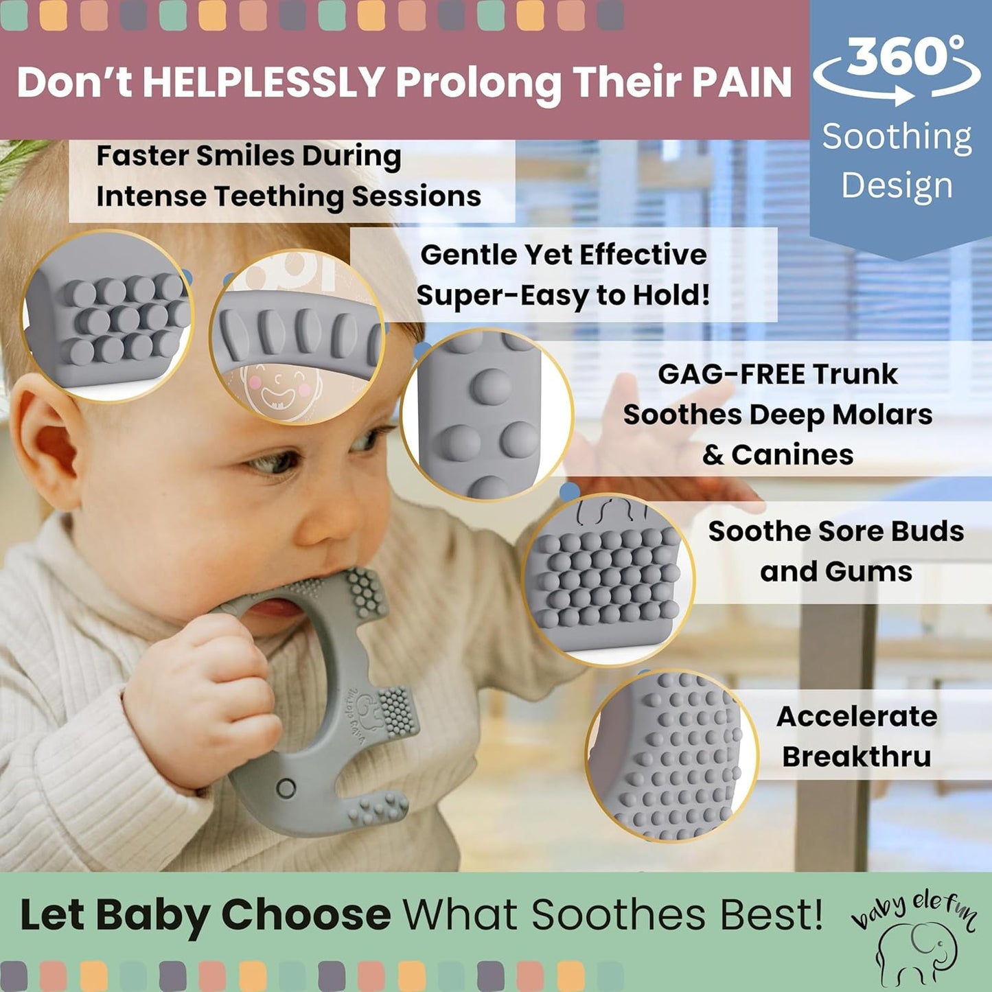 Baby Elefun 5X Pain Relief Smart Teether - Zero Developmental Delay Silicone Teething Toy Ring for Babies 0 to 6 Months - Cute Infant Shower Gift