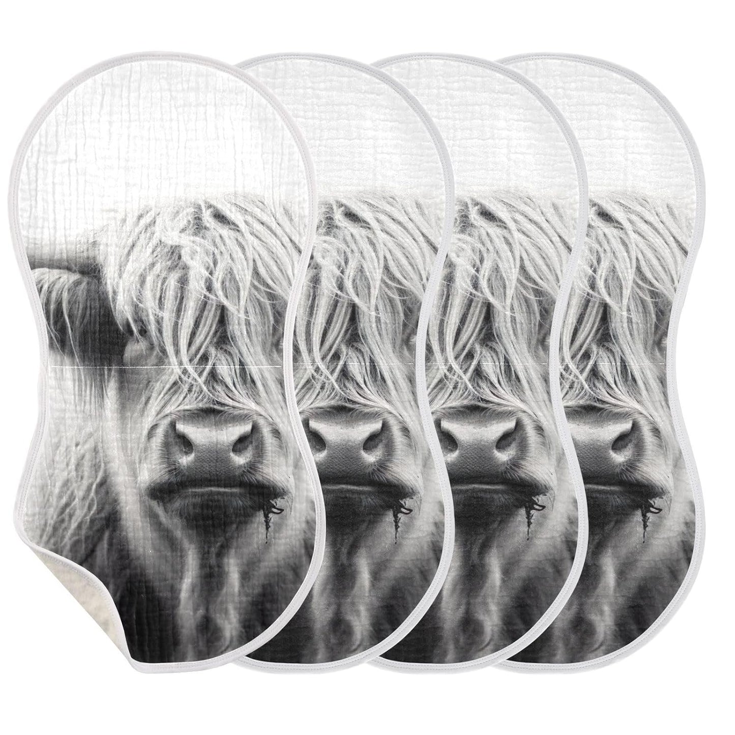 Muslin Baby Burp Cloths Set of 4, Soft Absorbent Highland Cow Muslin Washcloths, Bibs, Face Towel for Newborn Boys Girls, 22 x 11 Inch