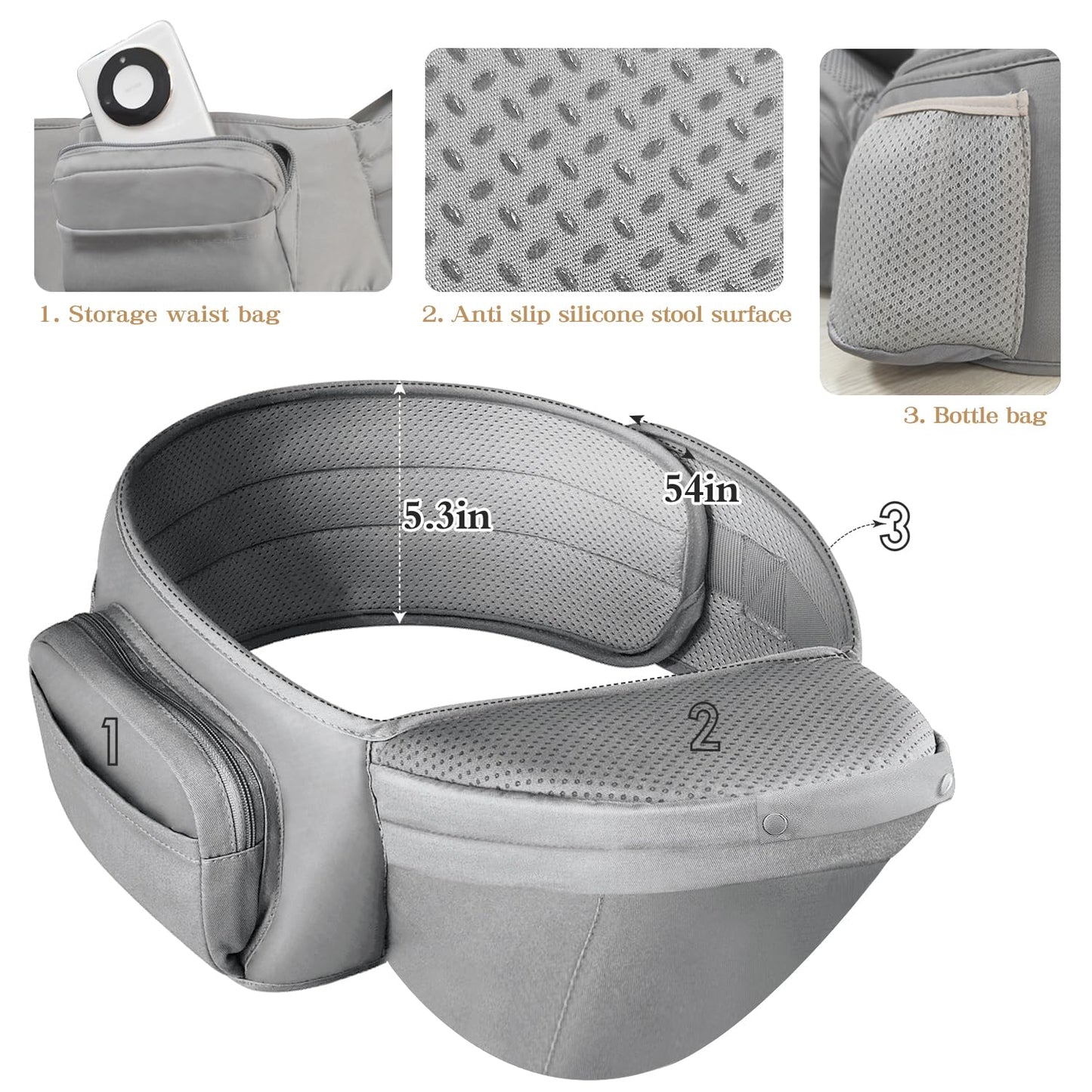 Baby Carrier Newborn to Toddler,12 in 1 Baby Holder Carrier with Adjustable Waist Belt,Baby Carrier with Hip Seat,Safety-Certified Baby Hip Carrier with Foldable Neck Support Pod,Ergonomic-Grey