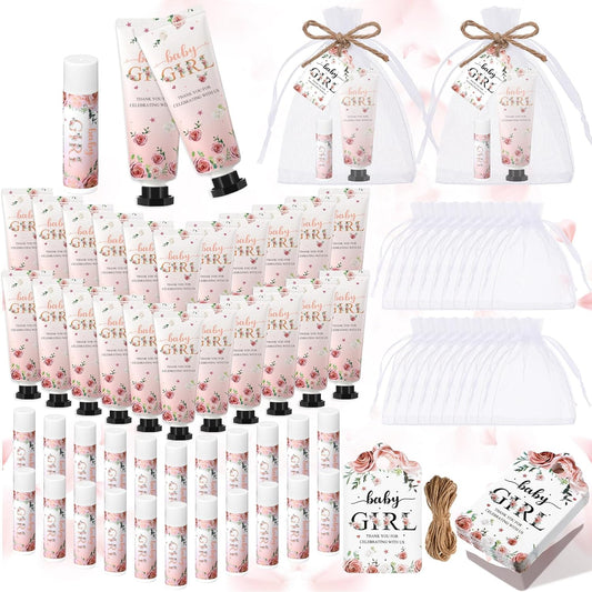24sets/96pcs Baby Shower Gifts for Guests Hand Cream and Lip Balm Gifts Baby Shower Party Favors Travel Size Hand Lotion and Lip Balm Thank You Gift for Guests with Organza Bag and Tag Wedding Party