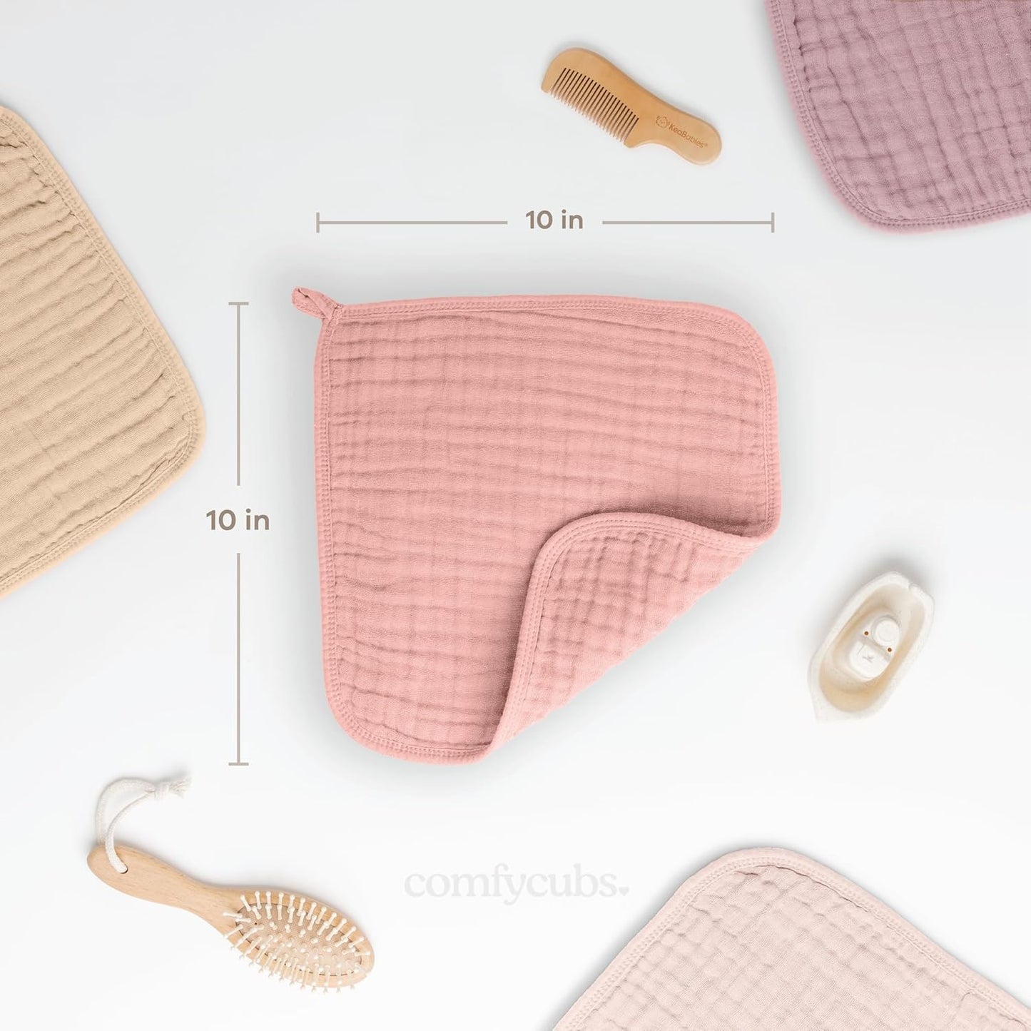 Comfy Cubs Muslin Baby Washcloths 10 Pack - Soft 6-Layer Cotton Wash Cloths for Sensitive Skin - 10"x10" Large, Gentle, Absorbent Infant Essentials for Newborn and Toddlers - Bold Blush