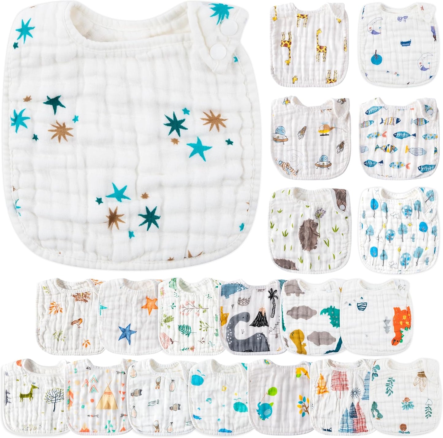 Zainpe 20Pcs Snap Muslin Cotton Baby Bibs Soft Absorbent Adjustable Burp Cloths for Newborns Drooling Feeding Teething Eating