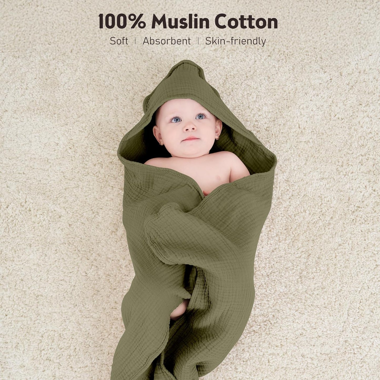 Susurration Hooded Baby Towels for Newborn 2 Pack 100% Muslin Cotton Towel for Babies，Highly Absorbent and Newborn Essential 30x30 Inch Cream&Dark Green