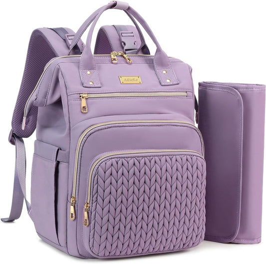 AIJIEKE Diaper Bag, Large Wide-Open Baby Diaper Backpack, Multi-functional Baby Travel Tote Bag, Diaper Bag with Changing Pad, Diaper Bags for Mom & Maternity (Purple)