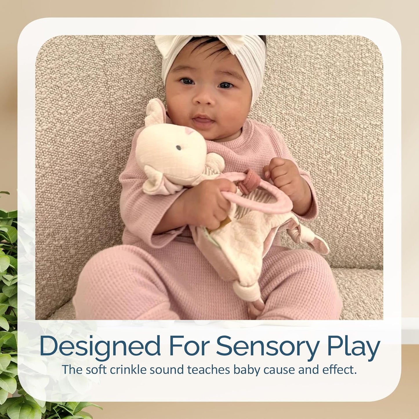 Itzy Ritzy - Bitzy Crinkle Sensory Toy Bunny with Crinkle Sound for Babies & Toddlers - Features Soft Braided Teething Ring & Textured Ribbons, Designed for Ages 0 Months and Up, Bunny