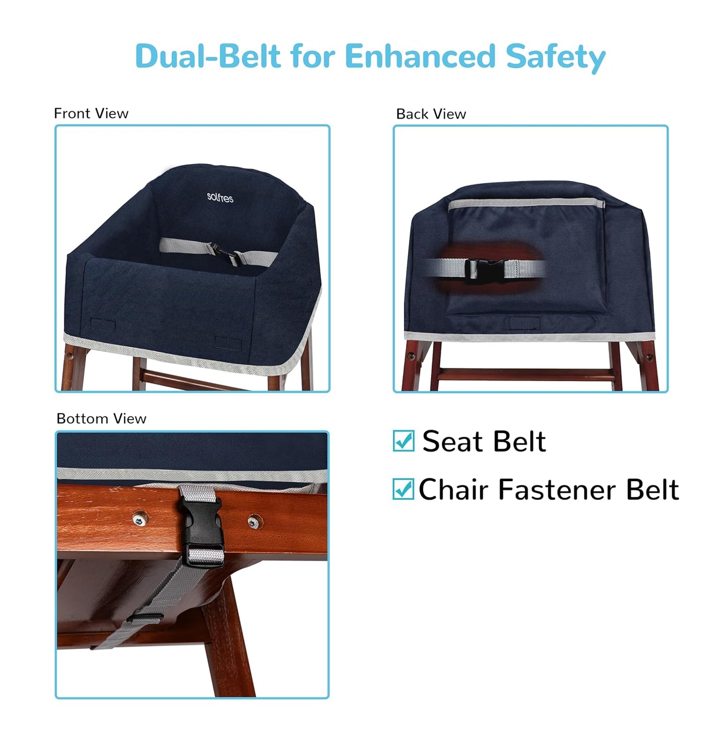 Dual-Belt Baby High Chair Cover, Upgrade Version, for Wooden or Restaurant High Chair, Sturdy and Robust Material, Waterproof Washable Stain and Slip Resistant, Navy Blue