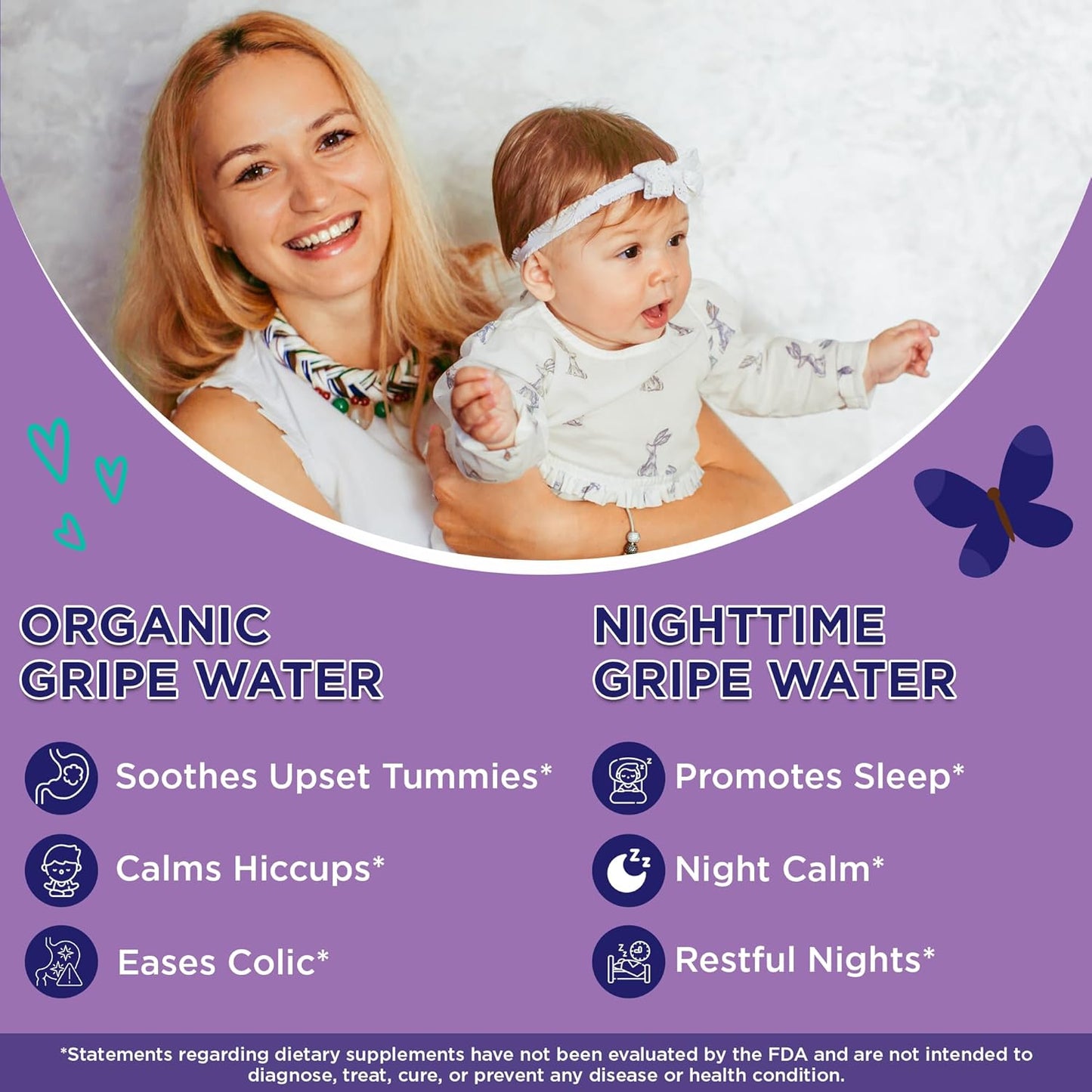 Wellements Organic Gripe Water for Babies Day & Night Combo Pack (4 Fl Oz) - Infant Gripe Water Newborn Calms Occasional Stomach Discomfort from Baby Gas, Colic, Hiccups & Fussiness - USDA Certified