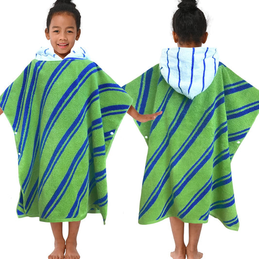 VOOVA & MOVAS Kids Hooded Poncho Towels (4-8Years,27.5"x27.5"),100% Cotton Soft Absorbent Towel for Boys,Perfect for Bathroom | Pool | Beach | Swimming, Jacquard Green Stripe