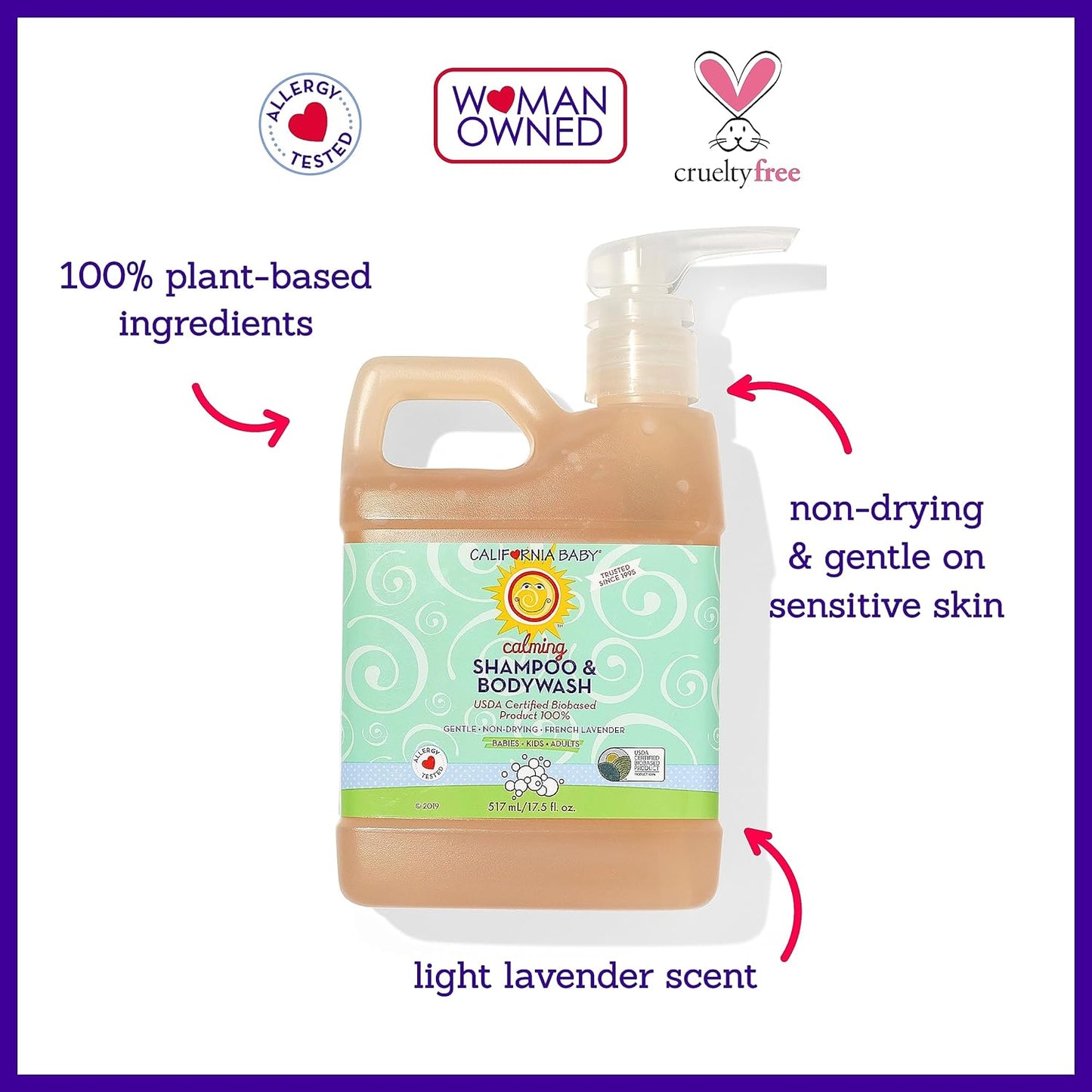 California Baby Calming Baby Shampoo + Baby Wash | 100% Plant-Based | Lavender Body Wash For Sensitive Skin | Hypoallergenic | 517 mL / 17.5 oz.