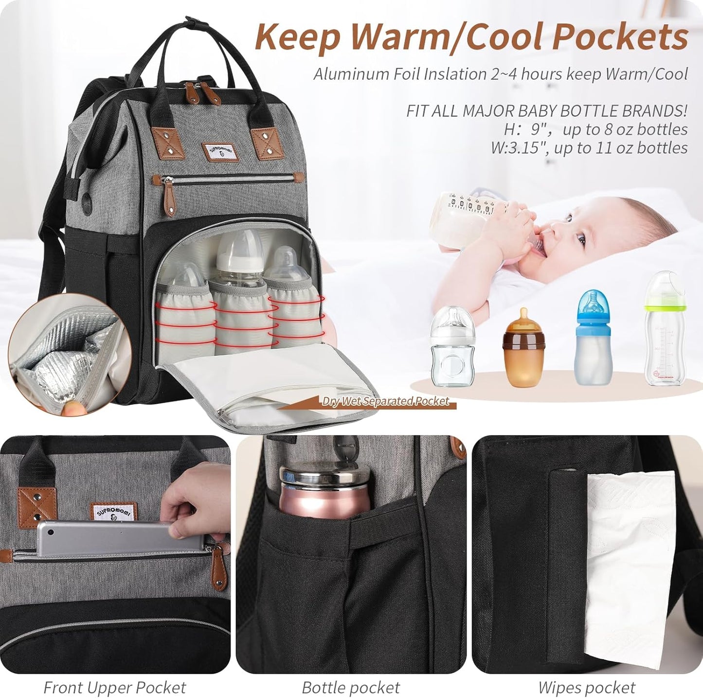 Diaper Bag Backpack:Baby Bag Large Tote Diaper bag for Boys and Girls, Men's Diaper Backpack, Women's Shoulder Mommy Bag, 2 Kids Nappy bag for mom and dad Black Grey
