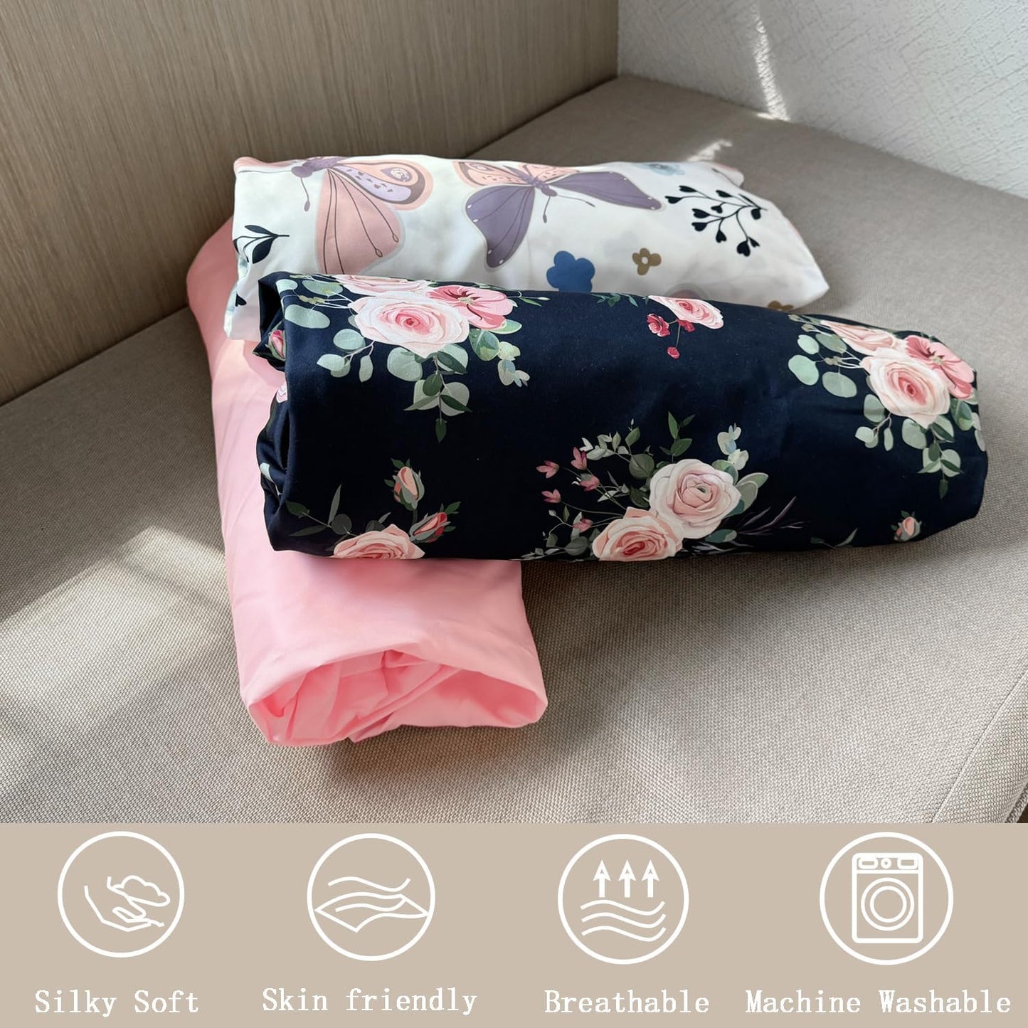 AMROSE 3 Pack Heavenly Soft Mini Crib Sheets, Microfiber Pack N Play Sheets Set for Baby Girls, Silk Touch Gentle, Fitted for Playard Portable Crib Mattress, Floral & Butterfly
