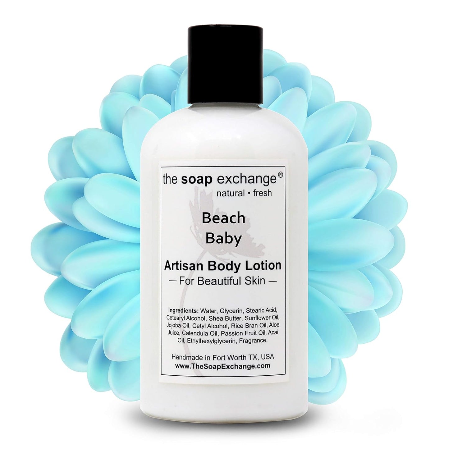 The Soap Exchange Body Lotion - Beach Baby Scent - Hand Crafted 8 fl oz / 240 ml Natural Artisan Skin Care for Hand, Face, & Body, Moisturize, Hydrate, & Protect. Made in the USA.