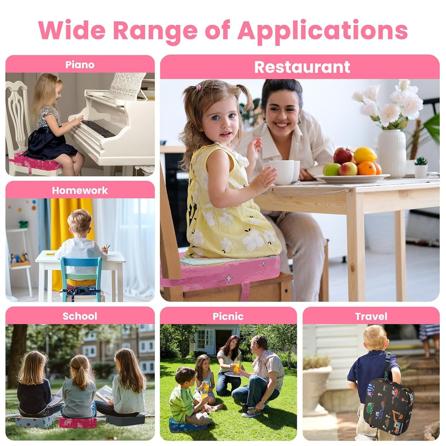 Toddler Booster Seat for Dining Table, Kids Booster Seat for Kitchen Chair with Non-Slip Bottom, Portable Detachable Washable Increasing Cushion with 2 Adjustable Straps (Unicorn)