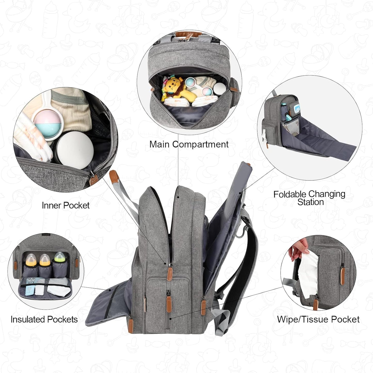 Diaper Bag Backpack with Changing Station, Baby Diaper Bag Organizer for Moms Dads Large Baby Changing Bags