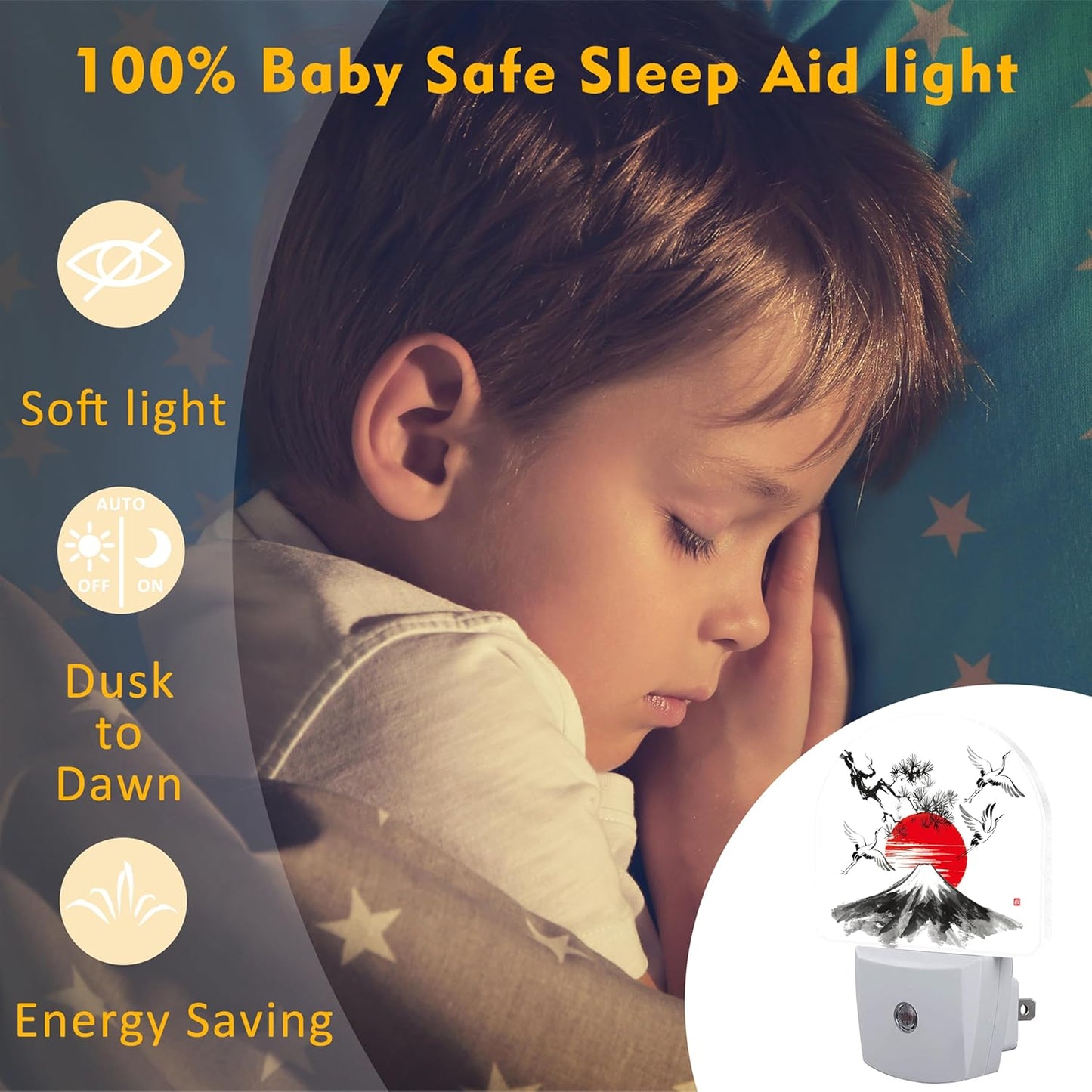 Red Sun Fuji Mountain and Storks Night Light Plug into Wall, Ink Landscape Painting Dusk to Dawn Night Light Plug in,0.5w Energy Saving Sleep Friendly NightLight for Kids Boys Girls Home Decor