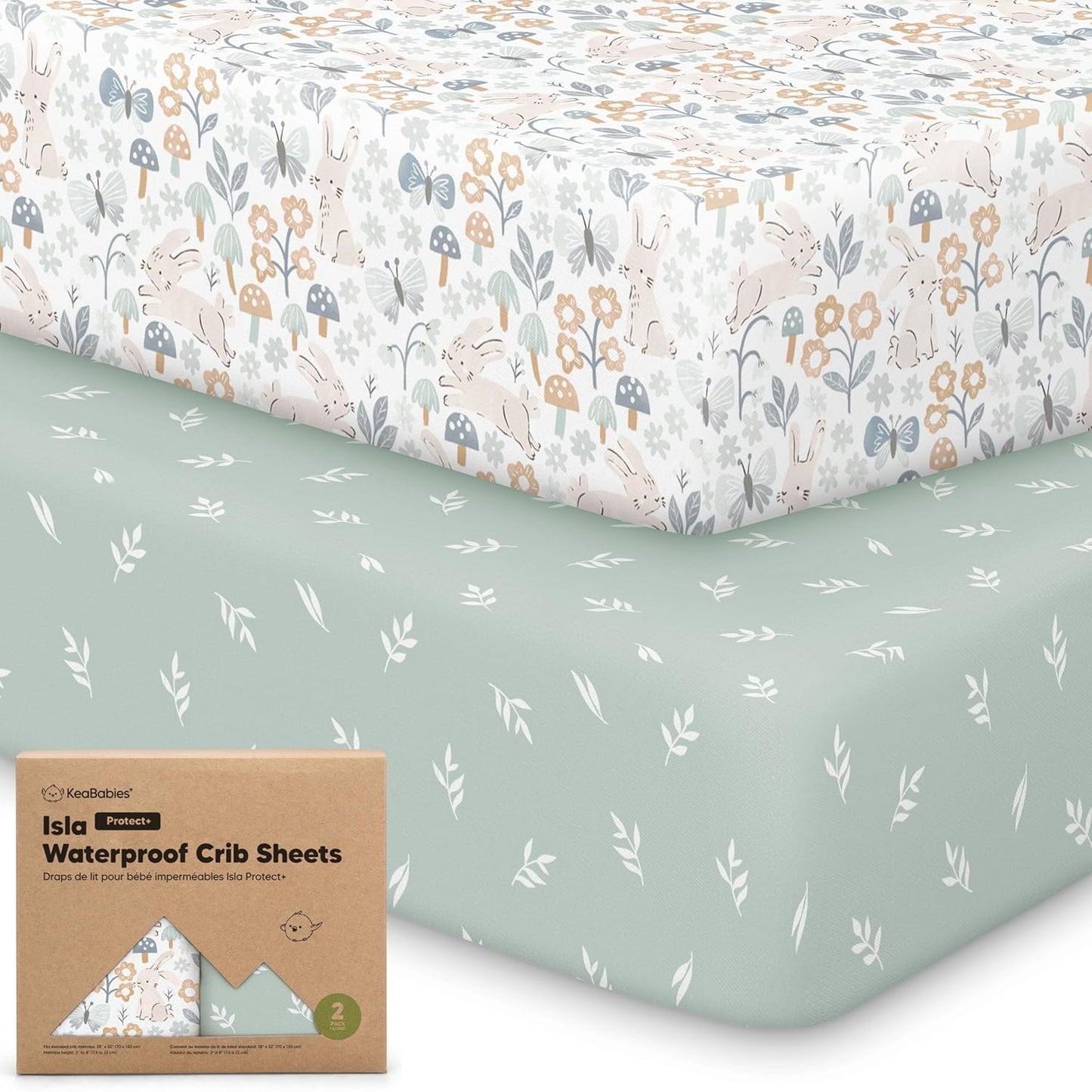 2-Pack Waterproof Baby Crib Sheets for Boys, Girls - 52x28 Viscose Derived from Bamboo Toddler Bed Sheet Neutral, Fitted Crib Mattress Protector Cover for Baby Bedding, Soft & Gentle (Prairie)