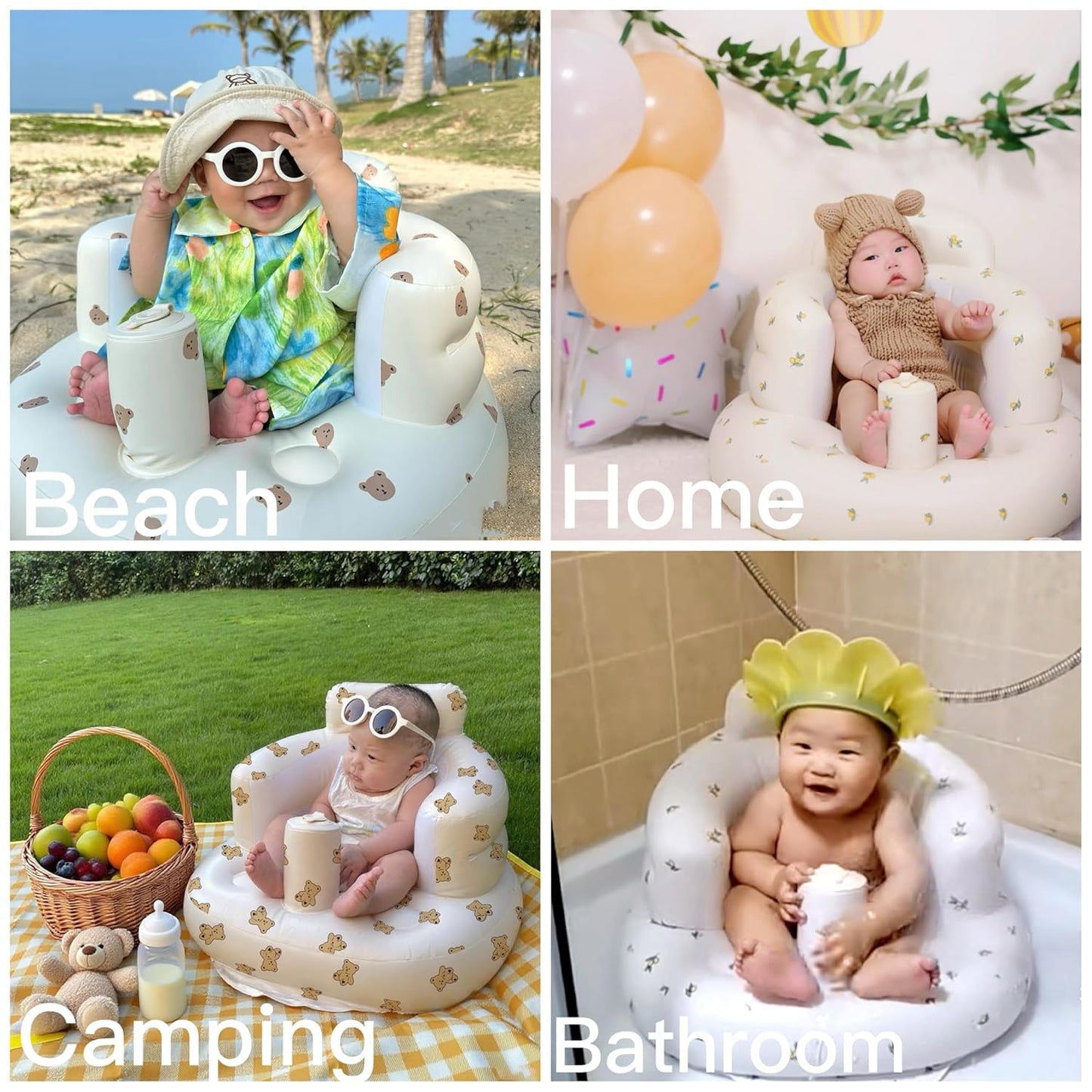 Blow Up Seat for Baby, Inflatable Baby Chair 3 Months & Up, Chair for Babies Sitting Up with Built in Pump (Bear)