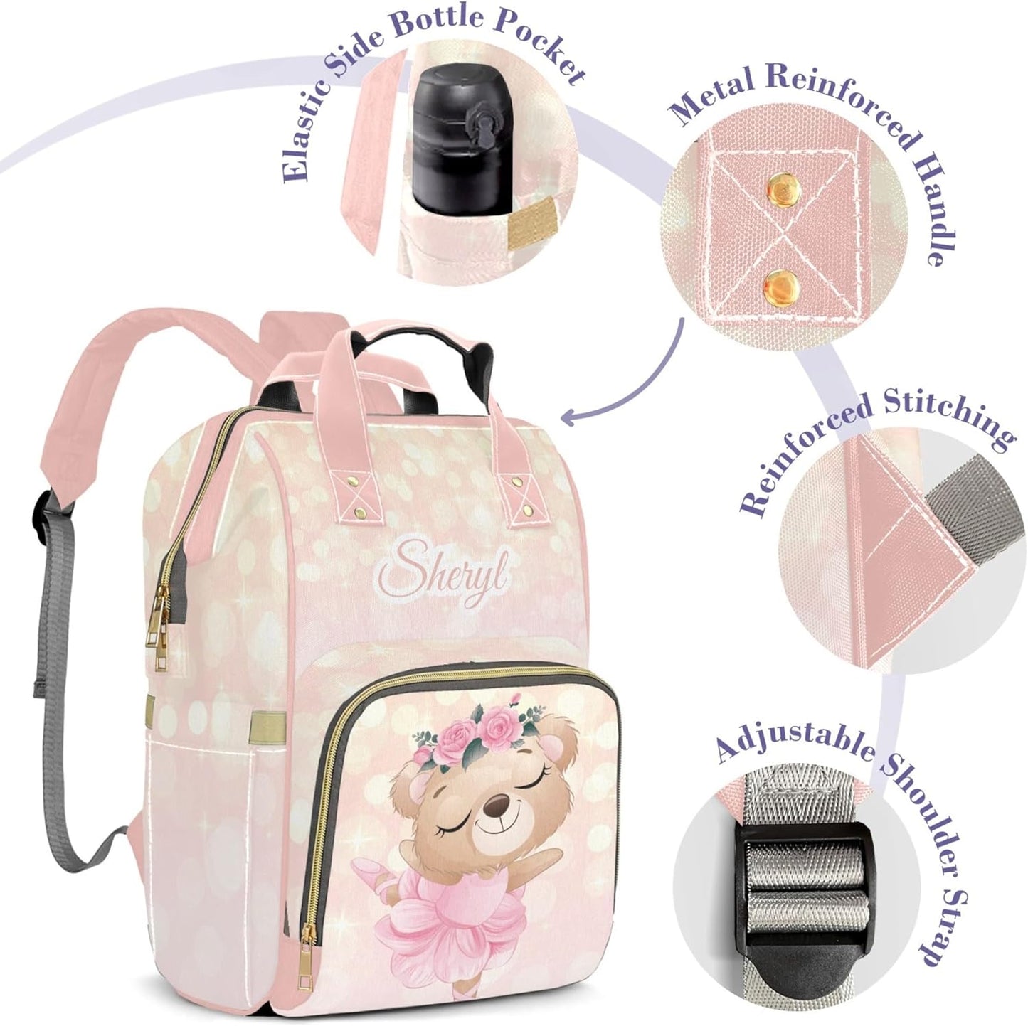 Personalized Diaper Bag for Girls Baby, Large Capacity Custom Pink Bear Diaper Bag with Name, Waterproof Girls Baby Bag Backpack with Adjustable Shoulder Straps Nappy Bag