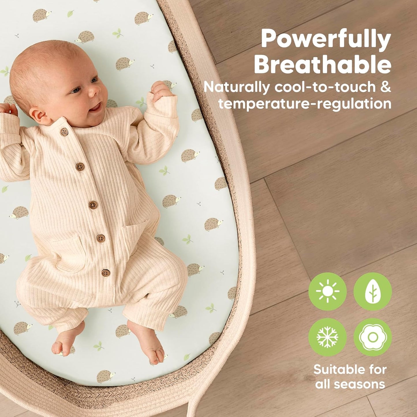 2-Pack Baby Bassinet Sheets Girl, Boy - 33x17 Viscose Derived from Bamboo Bedside Mattress Fitted Bassinet Sheets, Compatible with Halo Bassinest Swivel Sleeper, Baby Delight, Graco(Nibbles/Bruce)