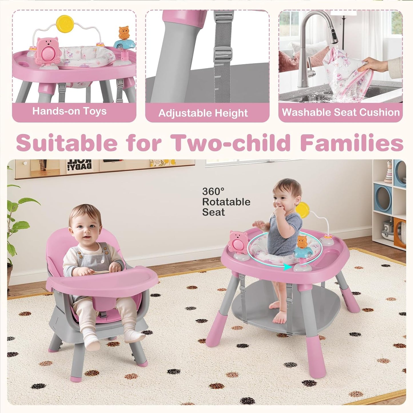 KOTEK 16 in 1 Convertible High Chair, Baby Highchair & Activity Center with Toys, Booster Seat, Building Block Table, Toddler Chair with 5-Point Harness, Removable Tray & Cushion (Pink)