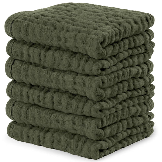 Comfy Cubs Muslin Baby Washcloths 6 Pack - Soft 6-Layer Cotton Wash Cloths for Sensitive Skin - 10"x10" Large, Gentle, Absorbent Infant Essentials for Newborn and Toddlers - Kelp