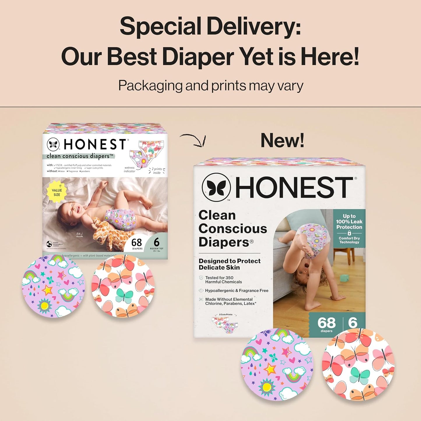 The Honest Company Clean Conscious Diapers for Sensitive Skin, Up to 100% Leakproof Hypoallergenic Fragrance-Free Baby Diapers, Girl Prints, Super Club Box, Size 6 (35+ lbs), 68 Count (Prints Vary)