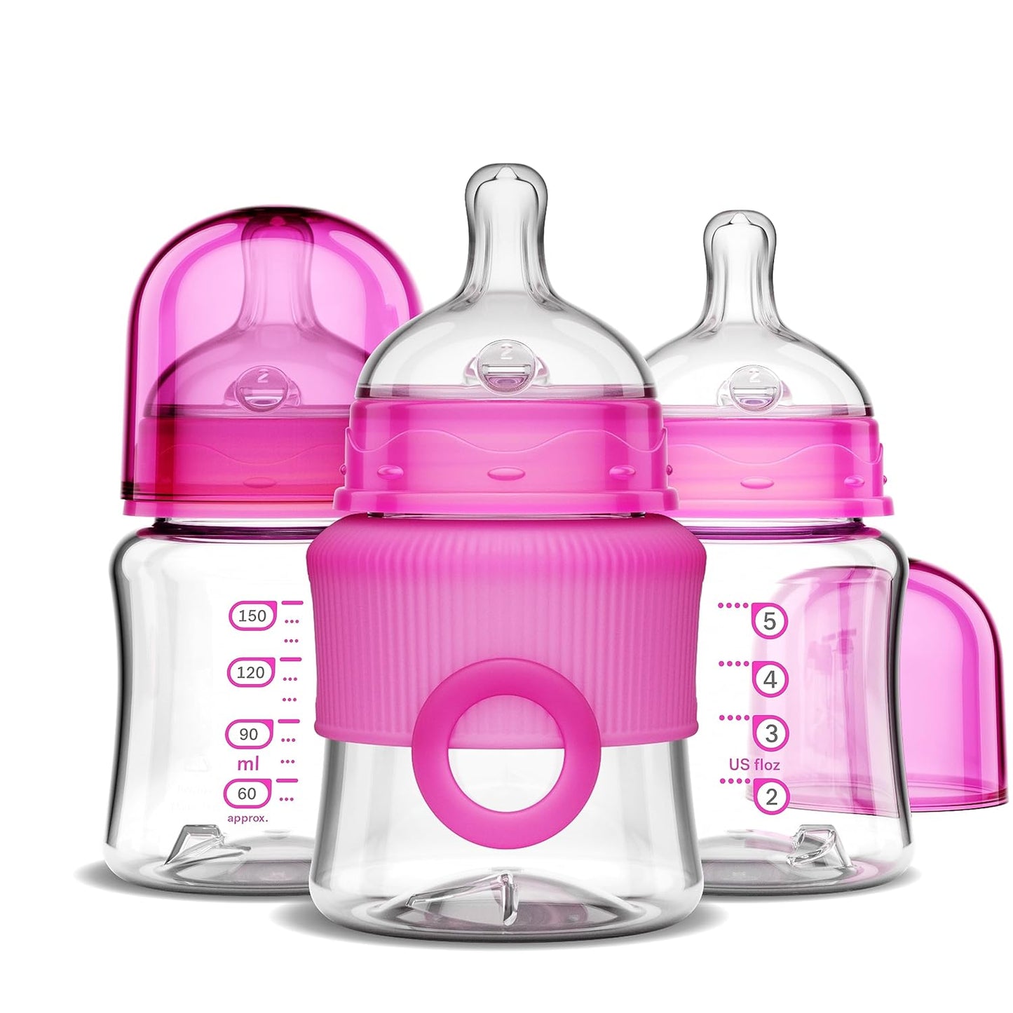 Smilo Baby Bottle Set with Stage 0 Slow Flow Anti Colic Nipple, 5 Oz / 150 ml Capacity, 3X Pack of Anti Colic Baby Bottles 0-3 Months - Pink