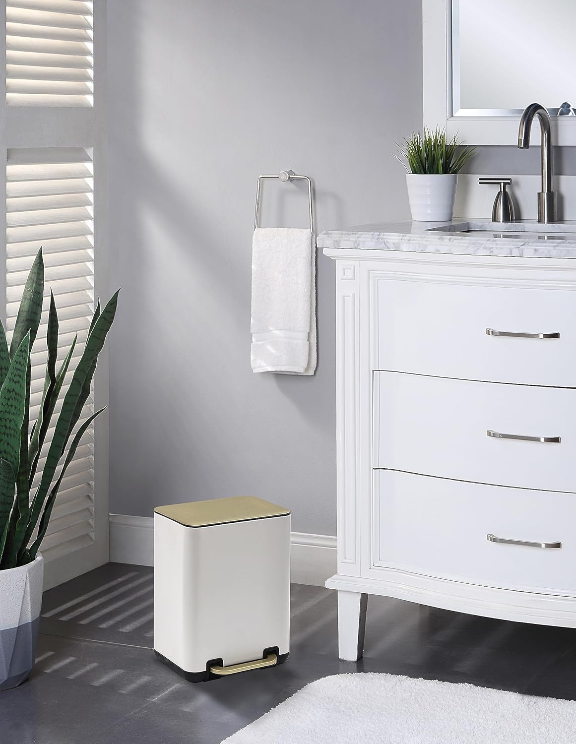 SunnyPoint 6 Liter(1.58 Gallon) Small Trash Can with Plastic Inner Buckets; Rectangle Bathroom, Office, Kitchen, and Bedroom Step On and Slow Close (WHT+Gold)