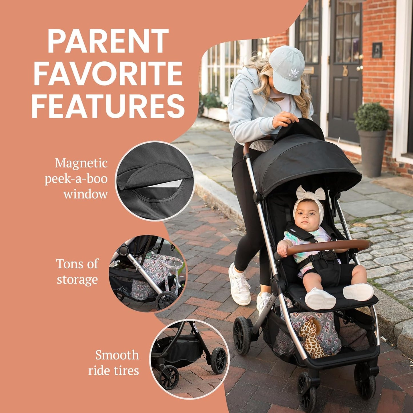 Bombi Bēbee V2 Lightweight Baby Stroller - Premium Vegan Leather, One-Hand Fold, Infinite Recline, Aircraft-Grade Aluminum Frame, XXL Canopy, and Ample Storage Umbrella Stroller - Sand